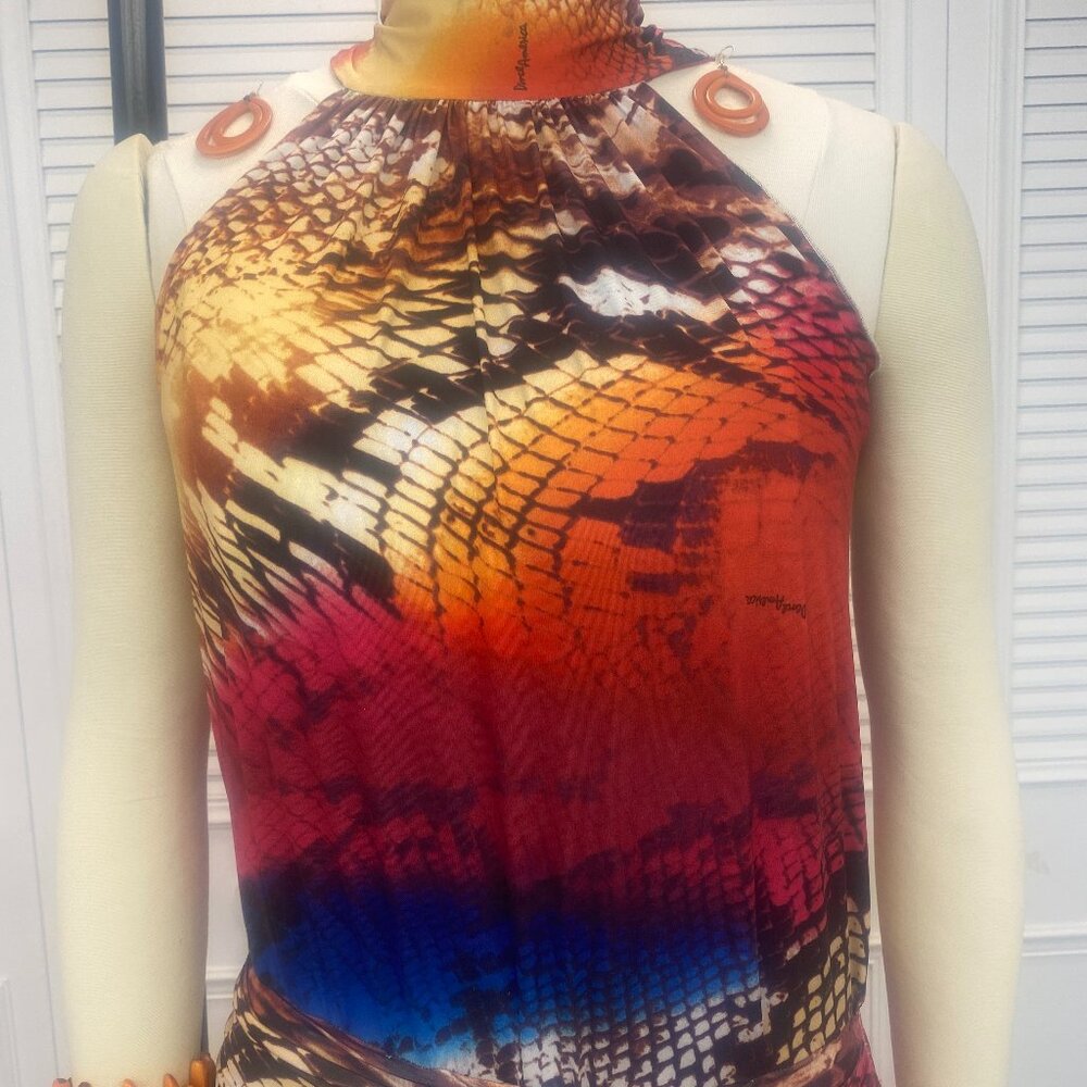 Dance America 1920 Style Flapper Dress , Orange Multicolor print full skirt - Picture 3 of 11